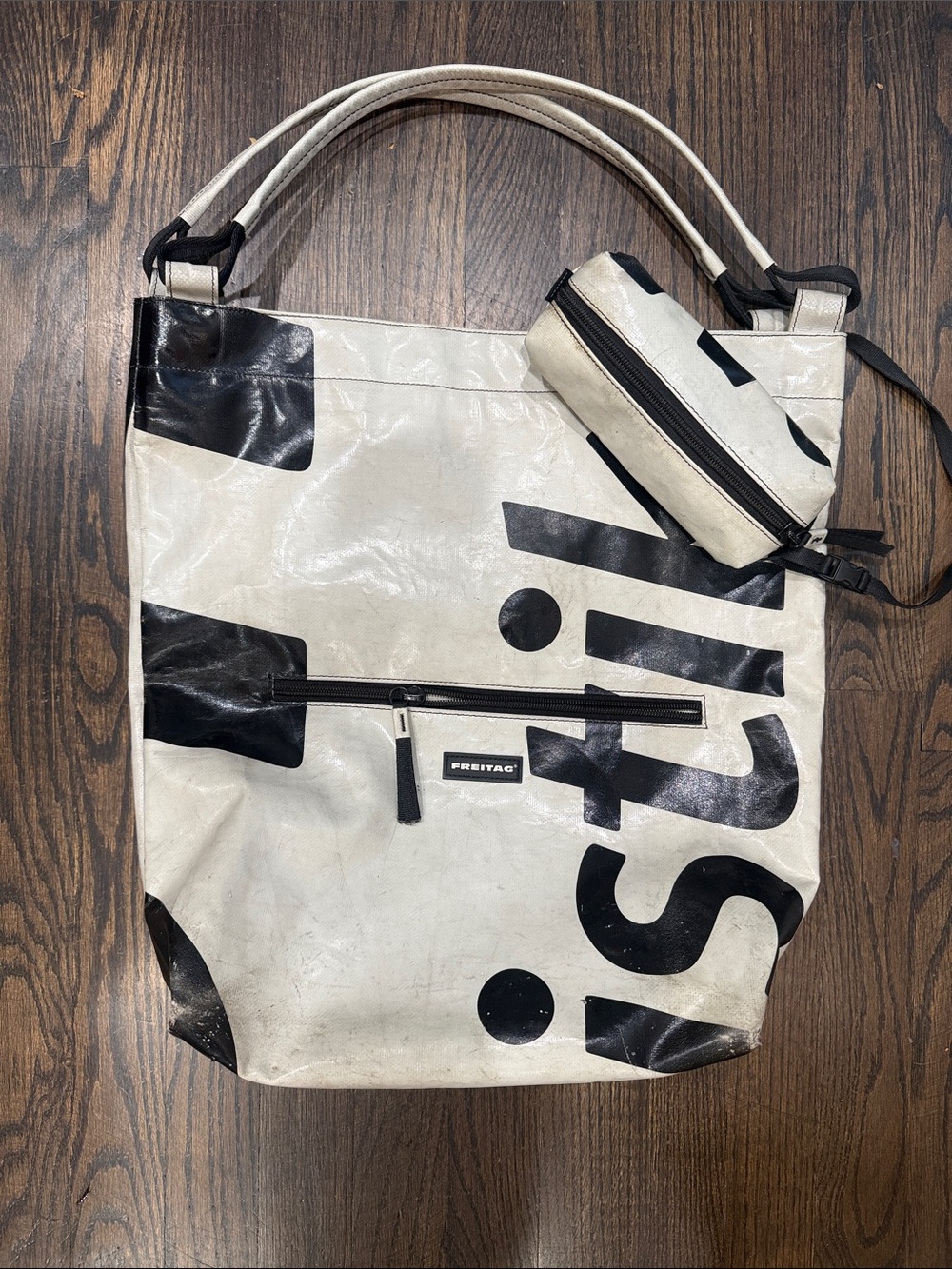 FREITAG Grey & Black Graphic Shoulder Bag with Detachable Pouch.